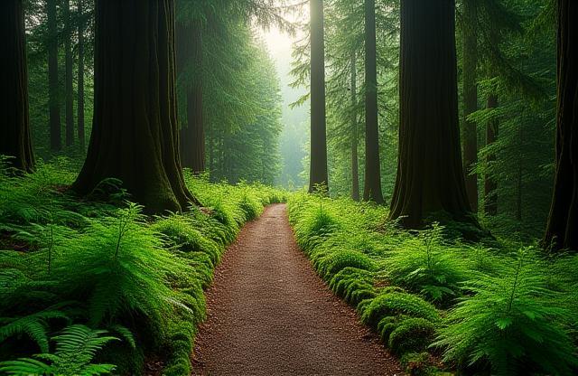 Scenic forest trail in a lush British Columbia forest